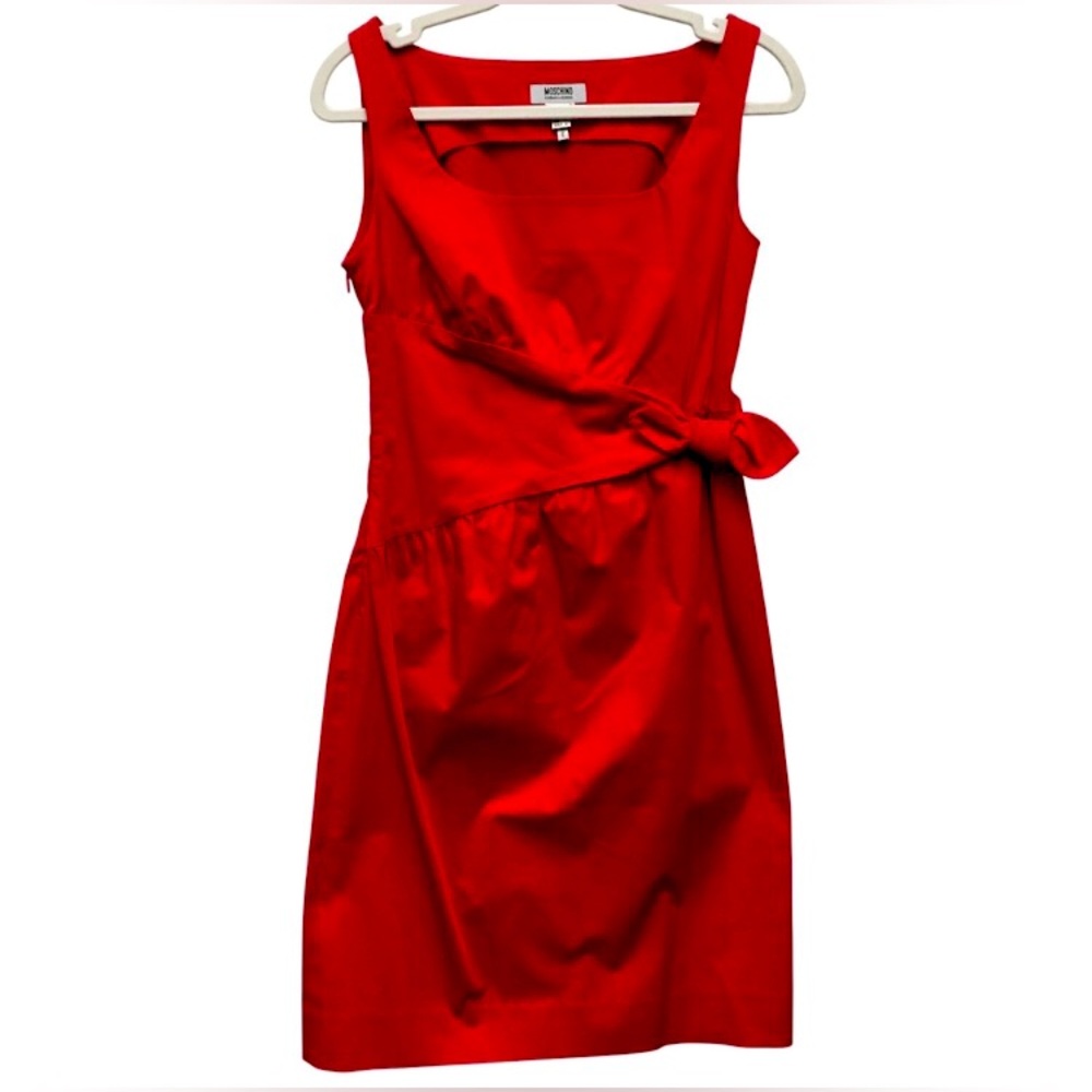 Moschino Side Bow Square Neck Dress 8 Red Italian Designer Chic Retro Classic